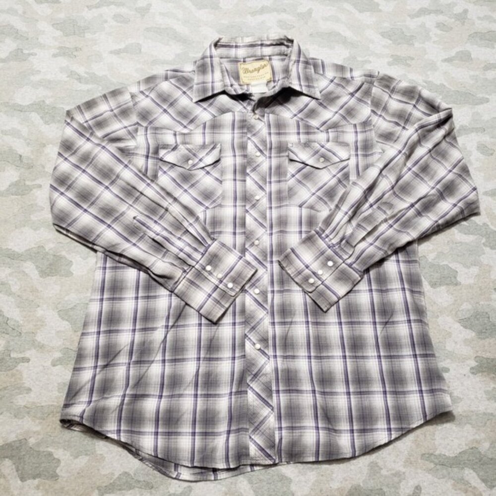 Wrangler Shirt Mens XL Gray Western Pockets Pearl Snap Long Sleeve Plaid